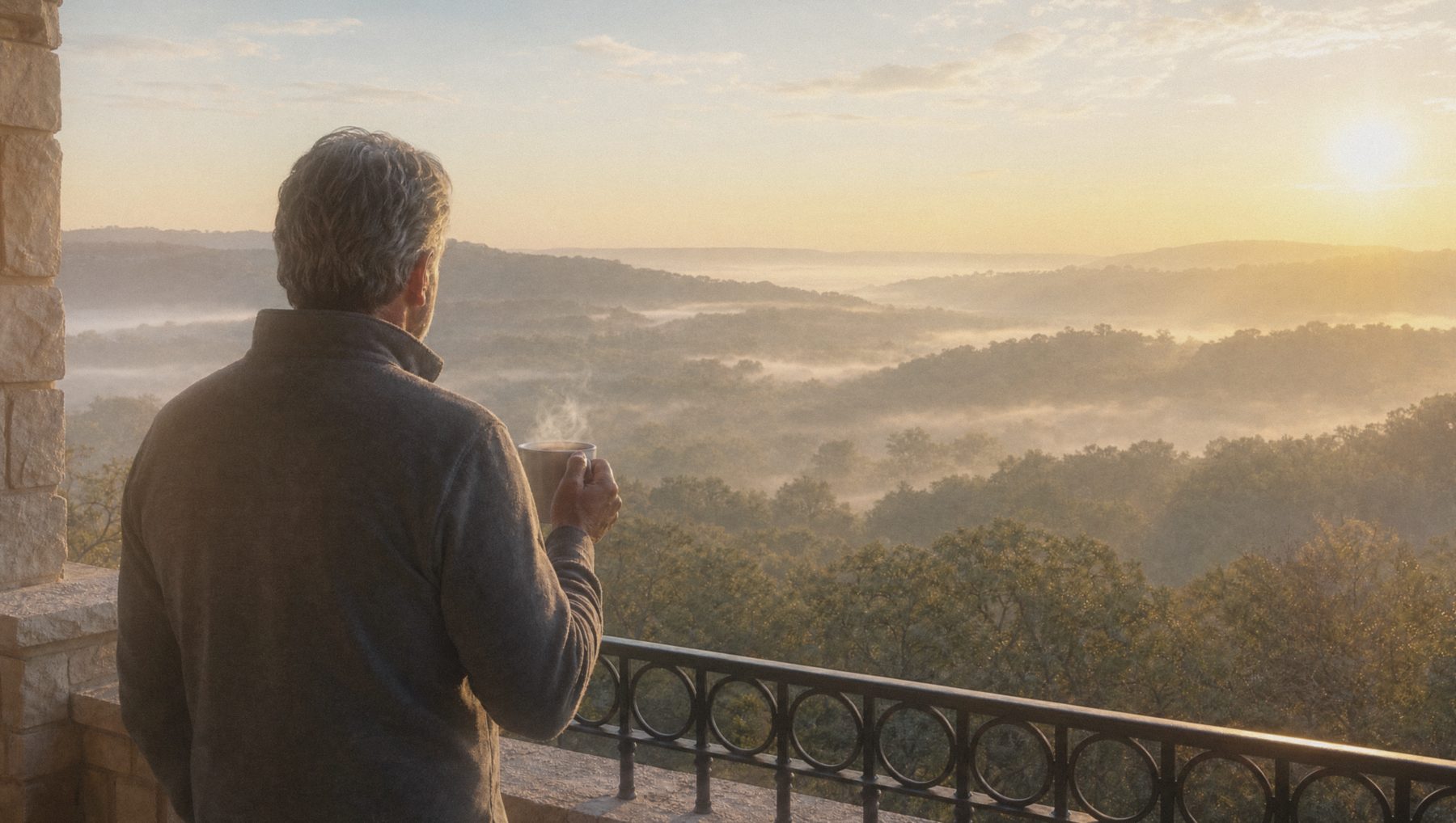 A member watching sunrise over misty hills