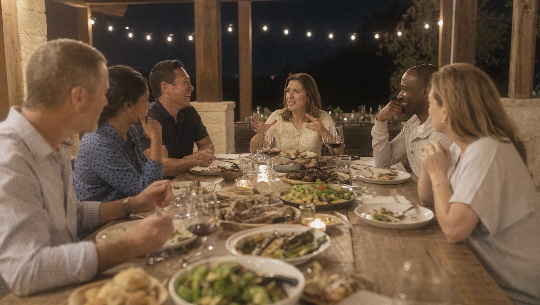 Members in conversation around an outdoor dinner table